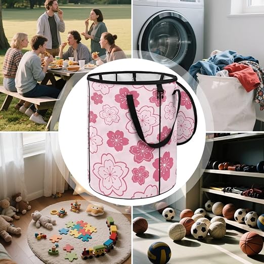 BIGCARJOB Cherry Blossoms Print Portable Trash Can Large Folding Big Trash Can with Lid Storage Bag Pop Up Trash Cans for Parties, 22.83x17.71 in