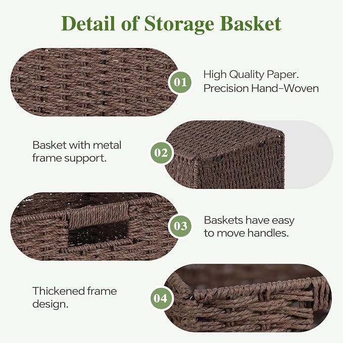 Patvingot 11-Inch Paper Rope Wicker Basket with Built-In Handles,4 Pack | For books, throws and accessories on open shelves, decorative woven texture, metal frame supports the shape, folds flat