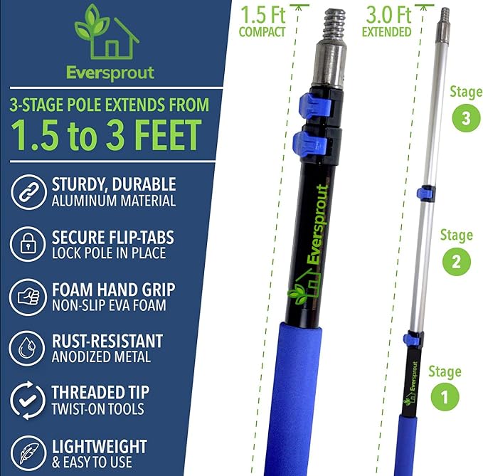 EVERSPROUT Swivel Squeegee & Microfiber Window Scrubber, 1.5 to 3ft Pole | 2-in-1 Window & Glass Cleaning Combo, Swivels to 7 Angles, 10-inch Blade, 8-10ft Standing Reach, Machine Washable, Non-Slip
