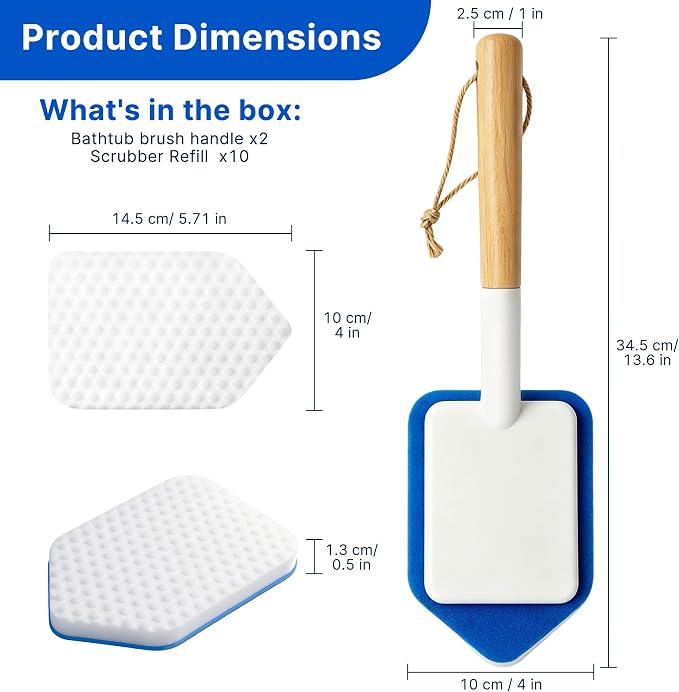 Silkyhose 2Pcs Tub Tile Scrub Brush,10 Melamine Sponge Replacement Heads | Non-Scratch. Versatile & Durable. Household Cleaner with Wooden Handle. Erasers for Grout, Sink & Shower Walls