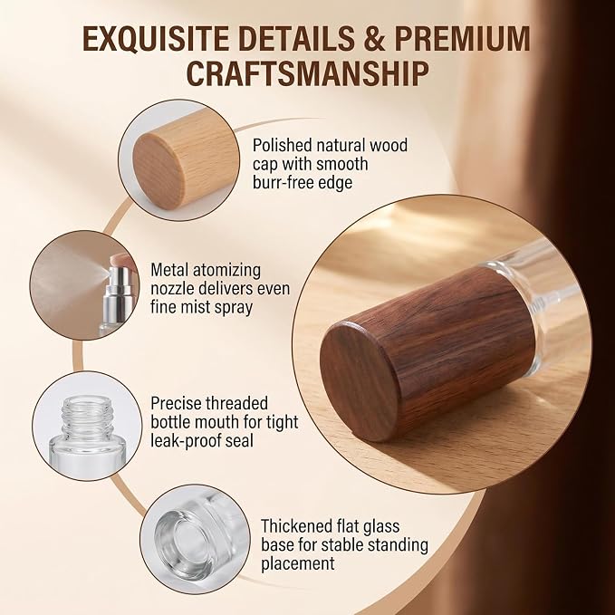 2 Pack 15ml 0.5oz Refillable Glass Spray Perfume Bottles Dispenser with Fine Mist Sprayer & Wooden Lid-Travel & Home Fragrance Containers for Cologne Essential Oils Cosmetic Liquids