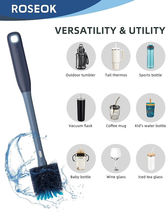 ROSEOK 2 in 1 Bottle Brush with Straw Cleaner Brush, Water Bottle Brush | For Cleaning Glass, Sports Bottle, Coffee Mug, Cup Cleaner, Grayish Blue, 1 Pack