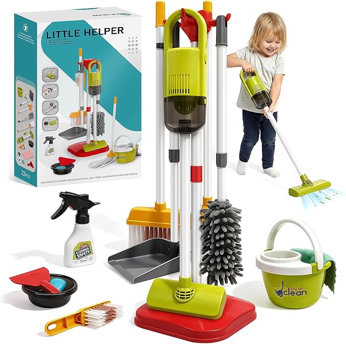 Dreamon Toddler Cleaning Set - 14Pcs Kids Cleaning Toy Set with Kids Vacuum | Red Pretend Home Cleaning Play Set for Toddler Age 3-7, Toddler Vacuum Toy that Works, Christmas Birthday Gift for Girls Boys