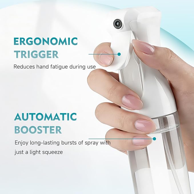 Continuous Spray Bottle for Hair, 6.8 OZ Ultra Fine Mist Spray Bottle | Leak Proof, Pre-Compression Technology, 360° Mist Sprayer for Hair Styling, Cleaning, Watering and Pets