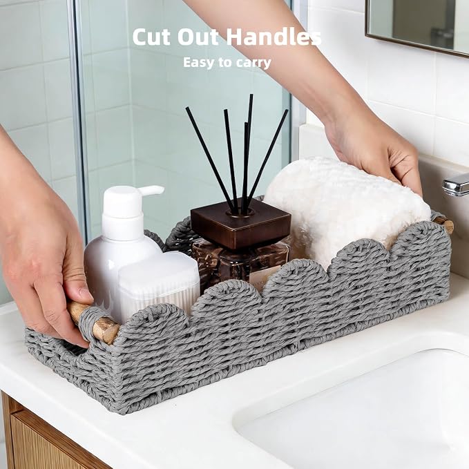 CubesLand Bathroom Basket Organizer, Toilet Tank Basket W/Cut Out Handle | Wicker Toilet Paper Storage Basket Tray, Scalloped Basket for Bathroom Countertop Decorative Also for Home Decor, Grey