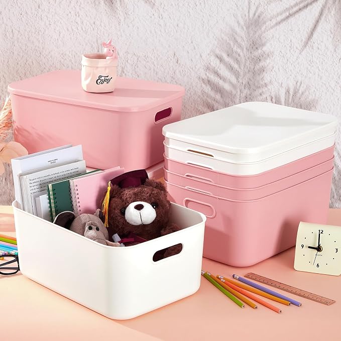 Hoolerry 8 Pack Storage Bins, 13.8 X 9.8 X 5.9 Inch White and Pink | Plastic Stackable Containers with Lid Handle, For Shelves Desktop Playroom Office, Organizing Toys Books Supplies Storage