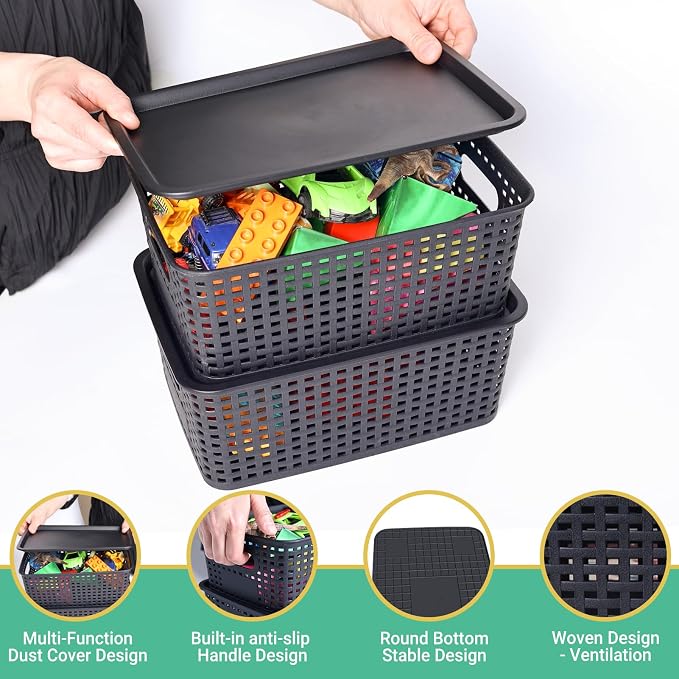 Ohmlove 8 Pack Plastic Storage Baskets with Lids for Organization | Stackable Storage bins, Storages Baskets for Organizing Shelves Drawers Desktop Closet Playroom Classroom Office, Black