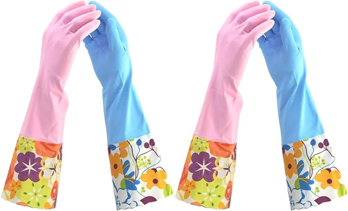 G & F Reusable Household Cleaning Gloves, Cotton-Lined Latex Rubber Dishwashing Gloves, Non-Slip Waterproof Kitchen & Bathroom Gloves for Washing Dishes, Scrubbing, Mopping & Household Chores