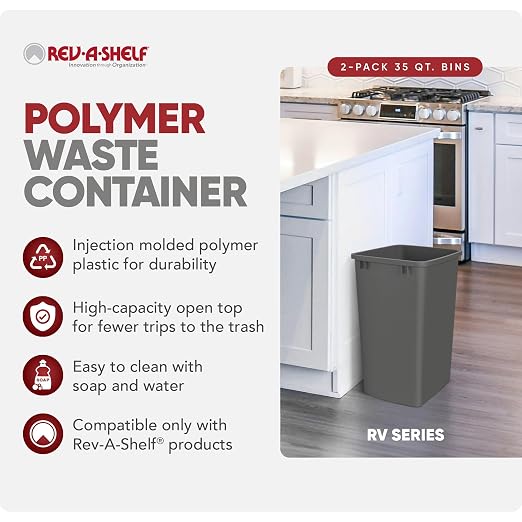 Rev-A-Shelf Double Pullout Garbage Trash Cans for Kitchen Cabinets, 35 Qt | Replacement Large Capacity Waste/ Recycling Bins for Kitchen Cabinet Pullouts, Gray, RV-35-13-2