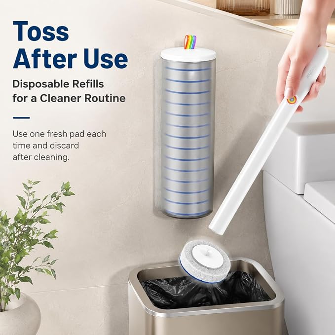 Disposable Toilet Brush with 48 Refills and Replaceable Scrubber Heads | Toilet Bowl Cleaner Wand and Wall-Mounted Holder, Space Saving Bathroom Cleaning System for Home, Apartment and RV
