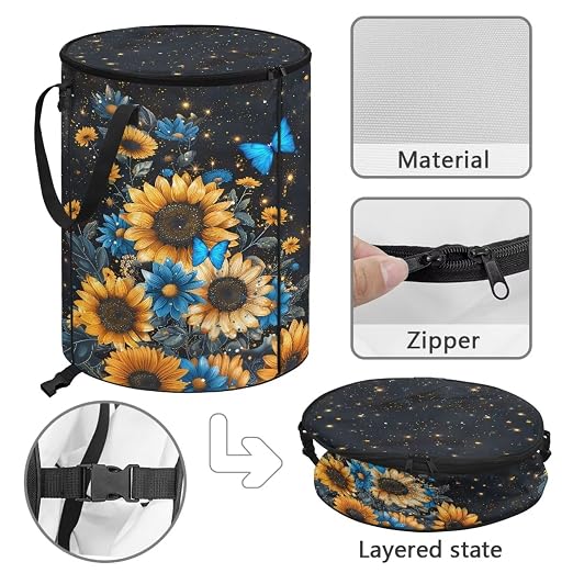 BIGCARJOB Sunflower Butterfly Camping Trash Can Outside Recycling Bin 22.83x17.71 in, Large Trash Can Pop Up Rubbish Bins with Clip and Zipper Lid(23 Gallons)