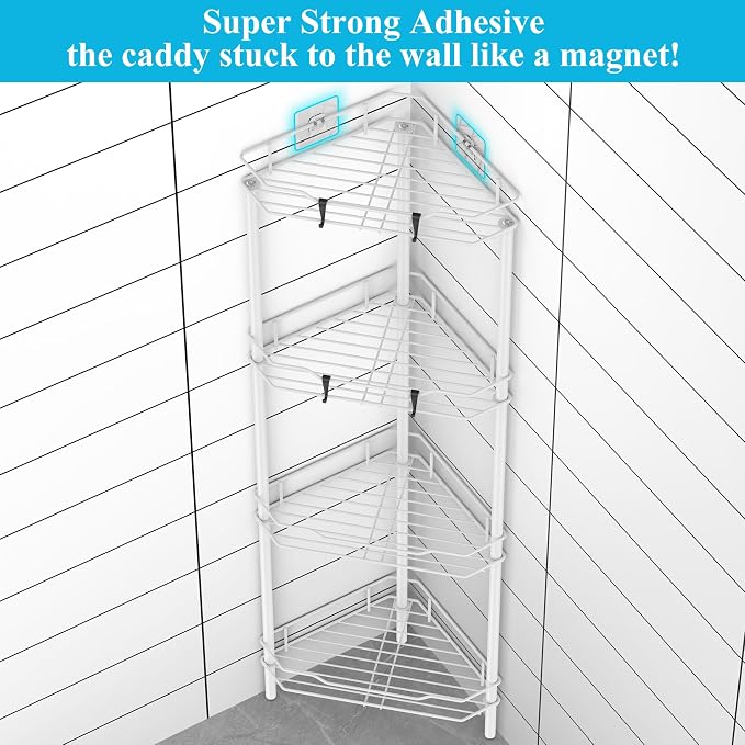 HuggieGems Metal Floor Standing Corner Shower Caddy, White, 4 Tier | Adhesive Bathroom Organizer Shelves, Free Standing Shower Rack with Hooks, Hold Large Shampoo Bottles