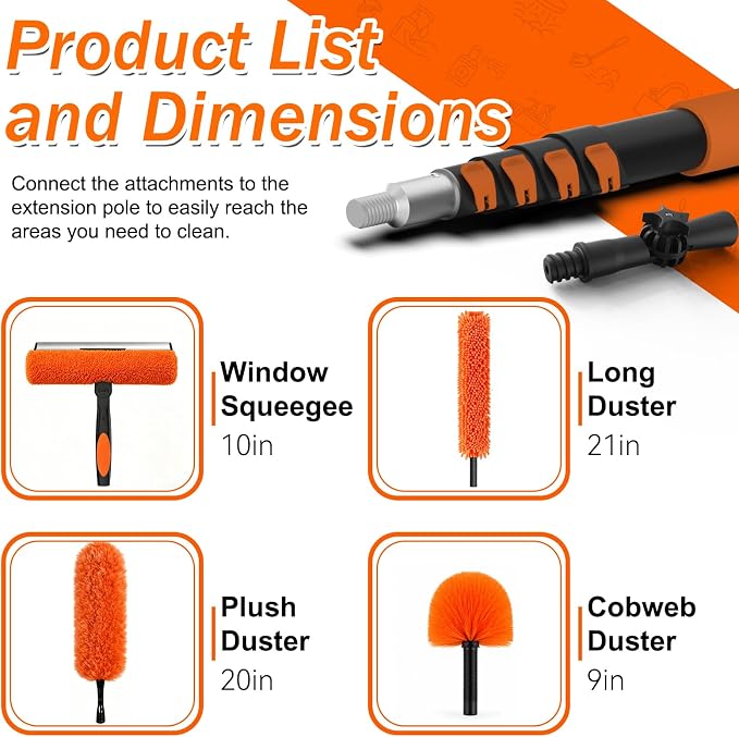 SISUPASSIE 20FT Reach High Ceiling Duster Kit, Window Cleaning kit with 3-12FT Extension Pole, Fan Duster for Ceiling Fan Blades, Microfiber Feather Duster, Rotatable Window Squeegee and Cobweb Duster