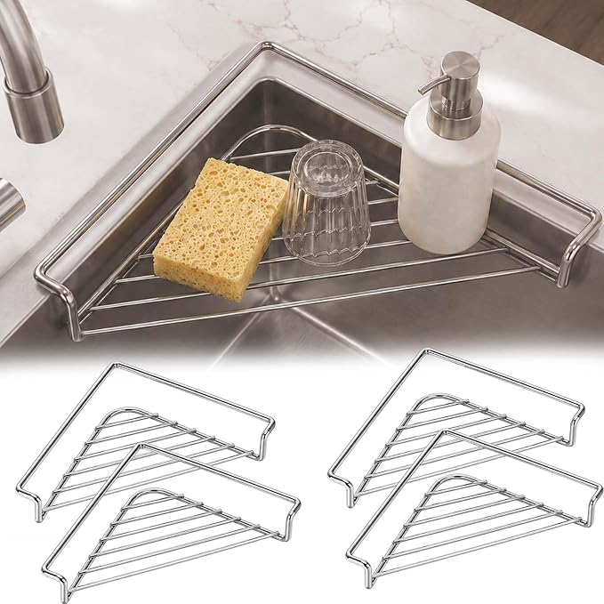 Stainless Steel Corner Sink Drying Rack, Triangular Draining Shelf，4PCS | Corner Drying Rack for Kitchen Sink, Space-Saving Triangular Drainer for Dishes, Cups, Sponges and Cleaning Accessories
