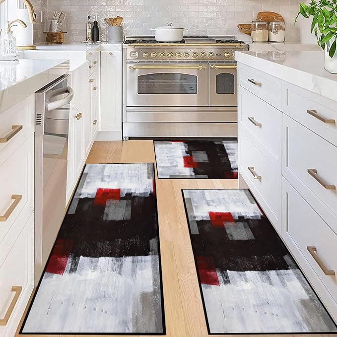 TOMWISH Kitchen Mats for Floor 2 Piece Set Red and Grey Kitchen Runner Rug | Non Skid Cushioned Kitchen Floor Mat Vintage Office Farmhouse Runner Mat for Laundry 20"X32"+20"X48"+20"X59"
