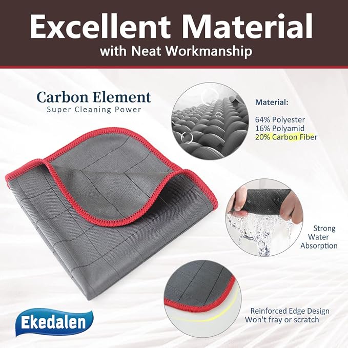 Microfiber Cleaning Cloth Lint Free Glass Polish, Red-Dark Grey | 400GSM Carbon Fiber Cloth for Glass Window Mirror Kitchen, Streak Free, Auto Detailing Easy Clean, 16 x12 in, 6 Pcak