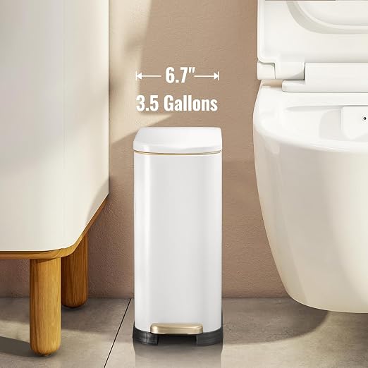 SYNCVIBE Bathroom Trash Can with Soft Close Lid 3.5 Gallon Matte White | Stainless Steel Garbage Can with Removable Inner Bucket Slim Trash Bins with Step Pedal for Bedroom, Office