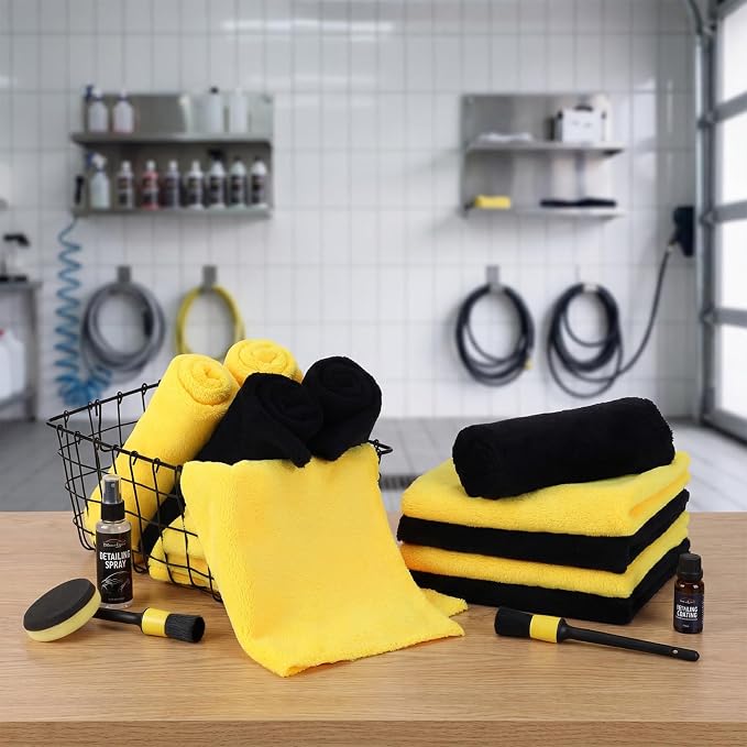 Shimeyao 30 Pcs 16 x 16 Inch Edgeless Microfiber Plush Towels for Cars Detailing Drying Wash Polishing Absorbent Cleaning Cloths, 500 GSM (Black, Yellow)
