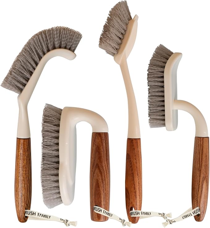 4-Pack Heavy Duty Scrub Brushes Set with Wooden Handles | Triangle & Square Floor Scrubber, Dish Brush, Grout Cleaner for Kitchen, Bathroom, Tile, Carpet & Stubborn Stains Removal