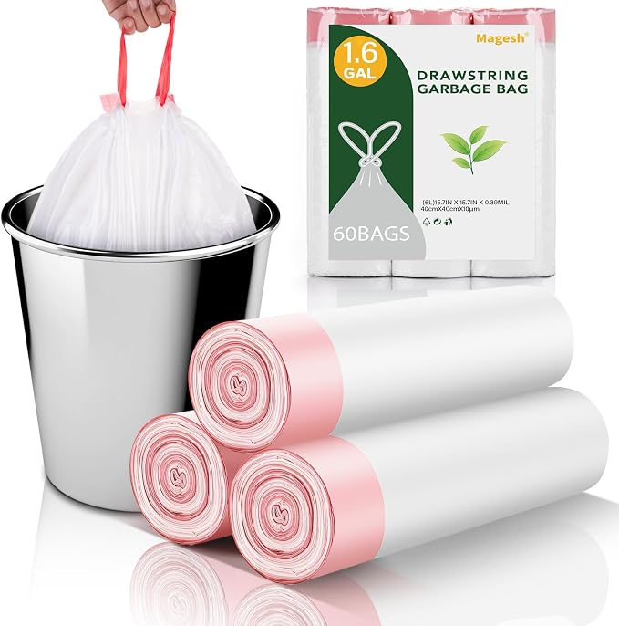 White 1.6 Gallon Trash Bags Drawstring - Unscented Small Garbage Bags for Bathroom Can Bulk Strong Thick Mini Waste Basket Plastic Liners for Home Kitchen 60 Count Magesh
