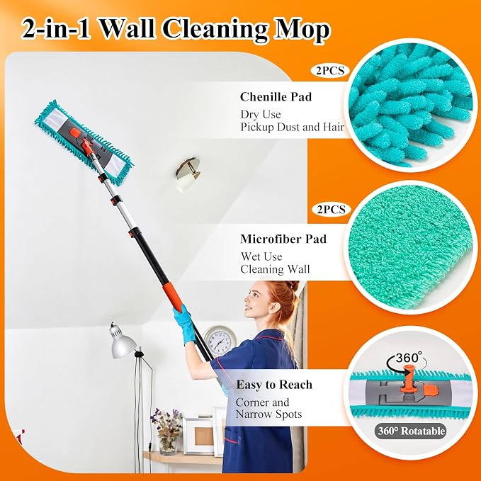 20ft Extendable Duster Kit for High Ceilings with Extension Pole | Tall Cobweb Duster, Microfiber Ceiling Fan Duster, 2-in-1 Window Squeegee, Wall Mop for Home Ceiling Wall High Reach Cleaning