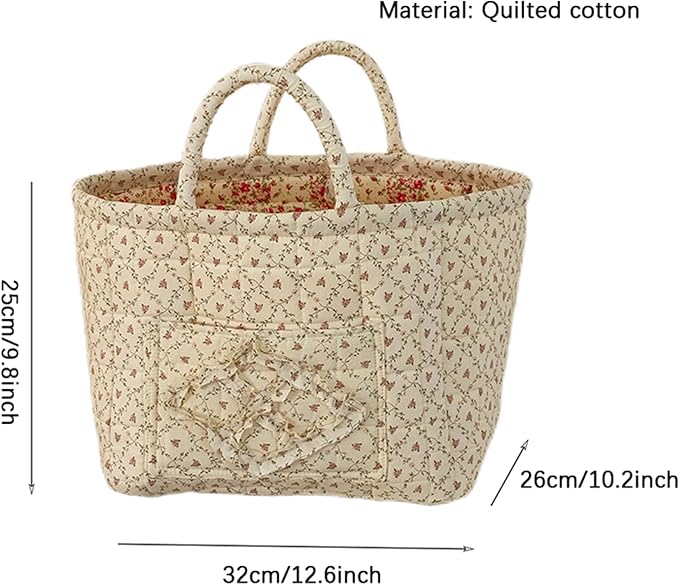 Boho Fabric Storage Basket Quilted Floral Print Baskets Organizer Bin with Handles for Home, Picnic, Shopping (Green, L)