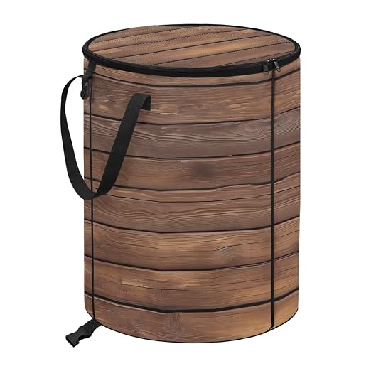 BIGCARJOB Wood Grain Collapsible Trash Can Portable Tall Trash Can Oval Recycling Bin 22.83x17.71 Outside Garbage Bin Storage Bag with Clip and Zipper Lid
