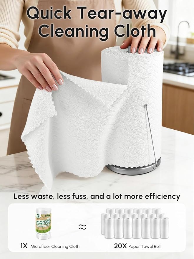 Microfiber Cleaning Cloths Roll 75 Pack 12x12 Inch Lint Free | Tear away design, lint free, washable, scratch free, ultra absorbent, for dish rags and household cleaning, White color