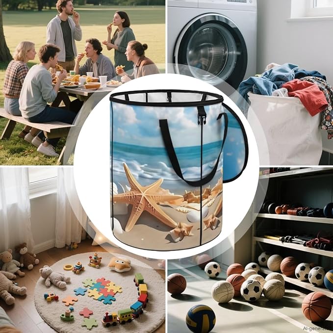 Beach Starfish Shell Collapsible Trash Can 24 Gallon Pop-Up Outdoor Garbage Can with Handles Waterproof Lightweight Storage Bag with Lids for Camping, Backyard, Hiking