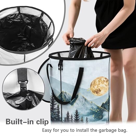 Natural Scenery Outdoor Garbage Can with Lid Fashion Car Trash Can for Back Seat Floral Waterproof Foldable Trash Cans for Camping Bedroom Decoration