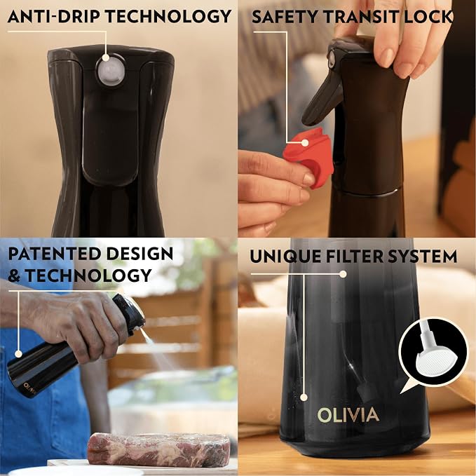 FLAIROSOL OLIVIA SIGNATURE Oil Sprayer, 200ml Glass, Black | Portion control mist for air fryer, salad, BBQ, refillable & reusable, fine mist olive oil kitchen sprayer, anti-drip