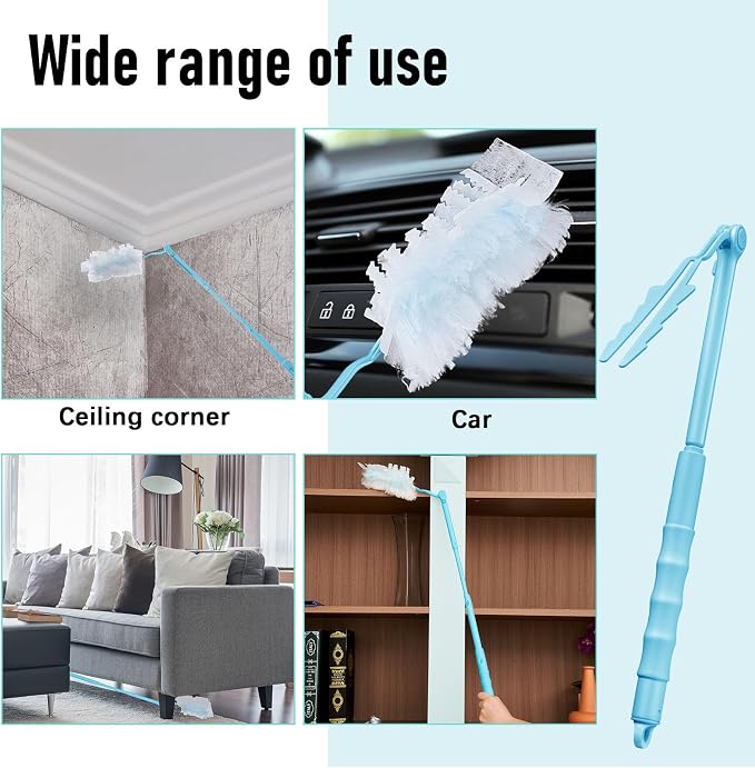 Colingmill 4 Pcs 3 ft Replacement Handles Compatible with Duster Refills | For Ceiling Fans, Blinds, Shelves, Windows, Long Extended Handle Only, Sky Blue, Foldable, Durable PET, 270° Rotating Head