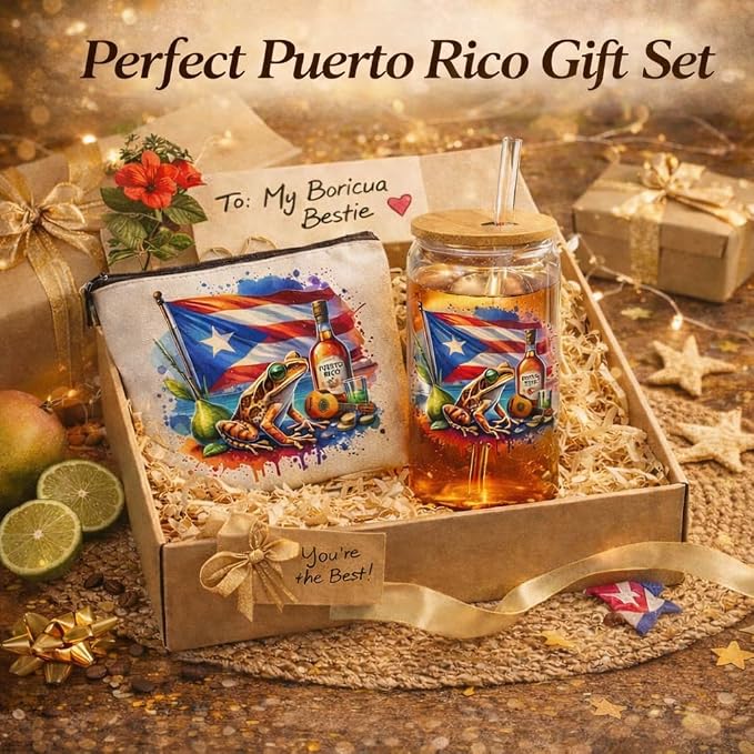 Puerto Rico Gifts, 16oz Glass Cup and Cosmetic Bag Set | Puerto Rico-Inspired Glass Cup With Bamboo Lid, Straw and Matching Cosmetic Bag for Iced Drinks, Travel and Everyday Gifts