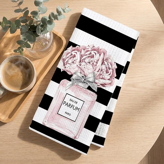 4 Pcs Black White Fashion Hand Towels, Perfume Bow Reusable Dish Towels | Fashion Gifts for Women Mom Girls Friend, Waffle Weave Microfiber Towels for Bathroom Home Decor 24x14 Inch