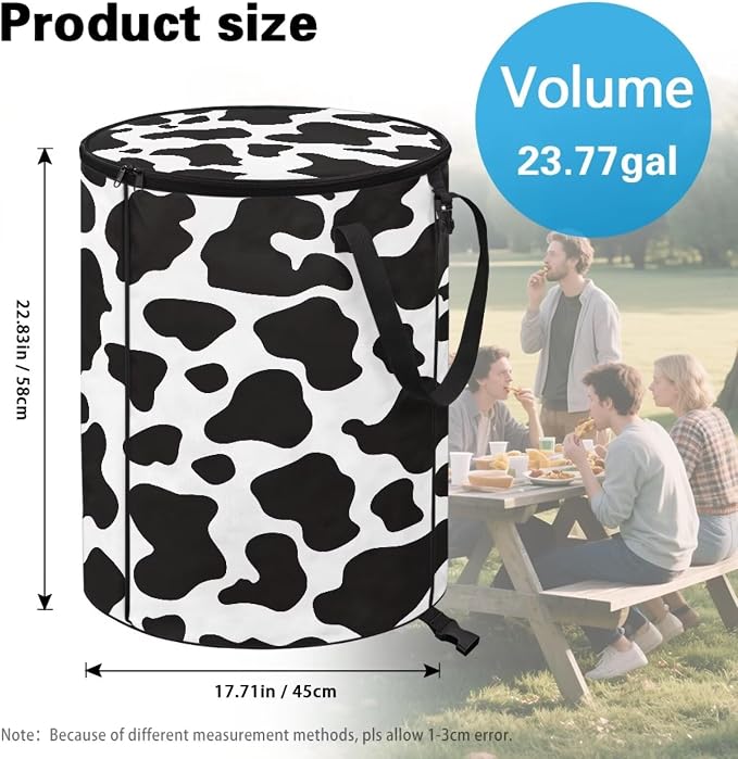 Cow Print 24 Gallon Large Capacity Collapsible Trash Can with Lid and Handles Outdoor Camping Waster Bag Garden Leaf Bin/Laundry Hamper/Childrens Toy Bin