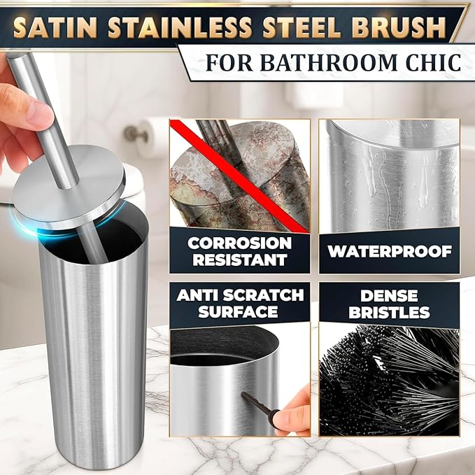 2Pcs Stainless Steel Toilet Brush and Holder Set, Hand Guard (Silver) | Toilet Bowl Brush and Holder, Removable Inner Bowl, Dense Bristles, Long Handle, Scratch Resistant, for Modern Bathrooms