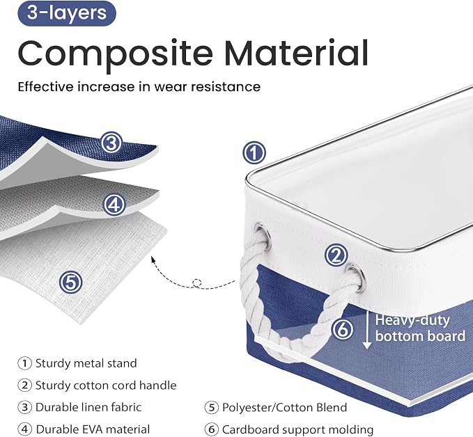 11.8x7.9x5.2 Inch Fabric Small Storage Bins with Handles 6 Pack | Foldable Storage Basket, Sturdy Metal Strand, Cardboard Support Molding, Small Baskets for Organizing, Shelves, White/Blue