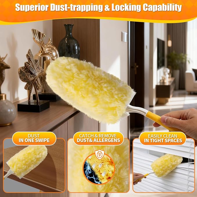 60 Count 360° Heavy Duty Duster Refills, Compatible with Swiffer Duster, Includes 1 Short Handle & 1 3 ft Extendable Handle, 4X Microfiber Cleaning Dusters, Disposable Unscented