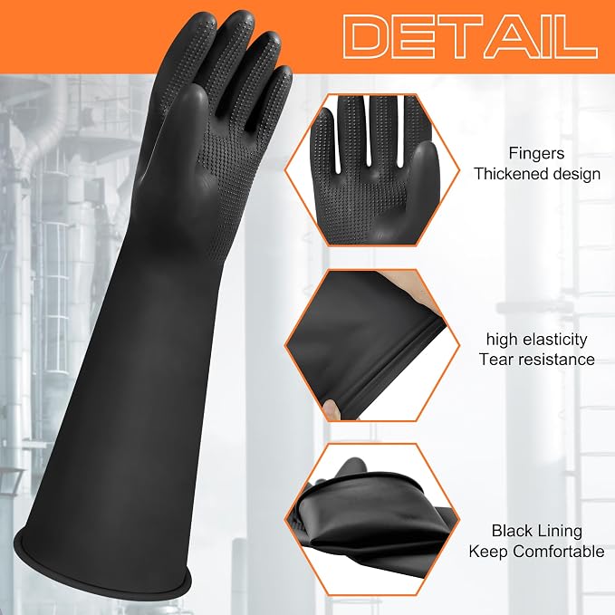 16" Chemical Resistant Gloves, Black Safety Work Heavy Duty Rubber Gloves | Long Waterproof Rubber Industrial Safety Glove for Cleaning, Gardeing,Dishwashing