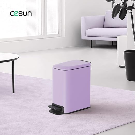 Cesun Small Bathroom Trash Can with Lid, 1.6 Gal, Soft Close, Purple | Step pedal soft close, Slim 5.9in fits narrow spaces, Stainless steel, Anti-fingerprint, Removable inner bucket, Odor seal