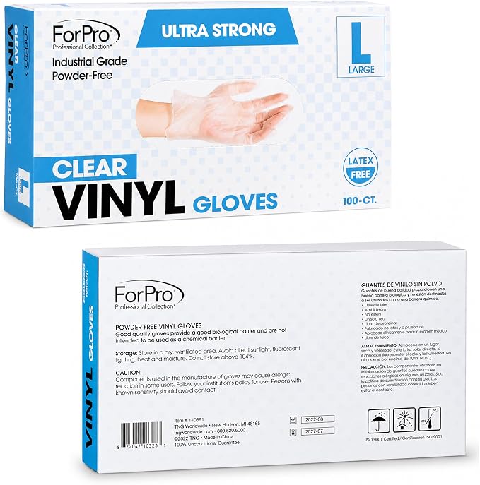 ForPro Disposable Vinyl Gloves, Industrial Grade, Powder & Latex Free, Non-Sterile, Food Safe, 2.75 Mil Palm, 3.9 Mil Fingers