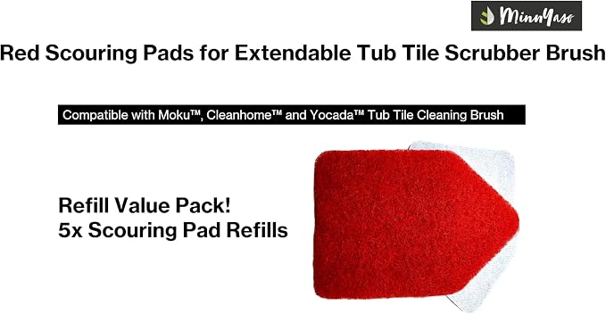Red Scouring Pads, Fit Extendable Tub Tile Scrubber Brush | 5 Pack Scrub Pads Refill Replacement Pads for Cleaning Bathroom Kitchen Toilet Tile, Compatible Fit Moku, Yocada, Cleanhome