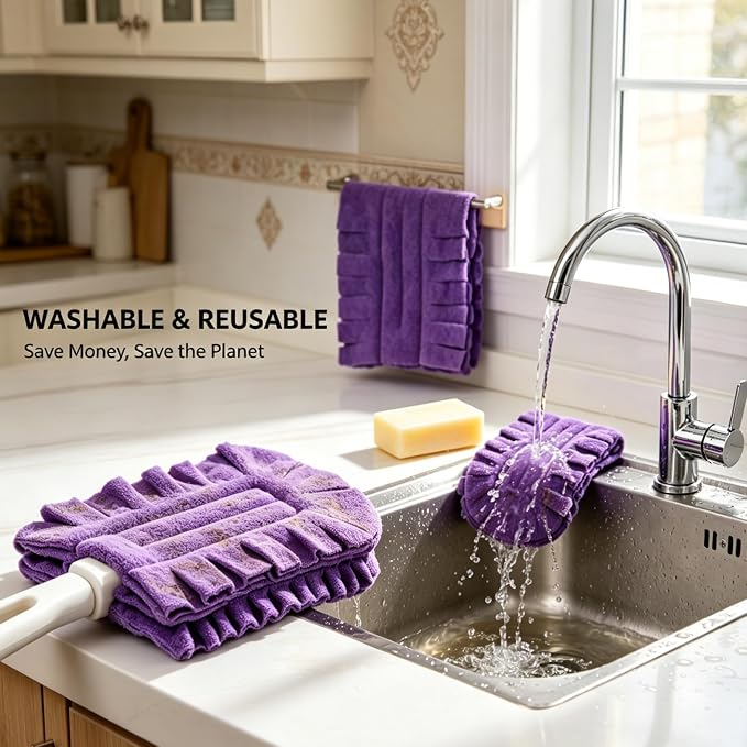 10 Pack Duster Refills with 2 Dusting Wands Reusable Pads | Washable Fleece Cleaning Pads for Blinds Cars Furniture Fans Pet Hair Shelves and Multi Surface Home Cleaning