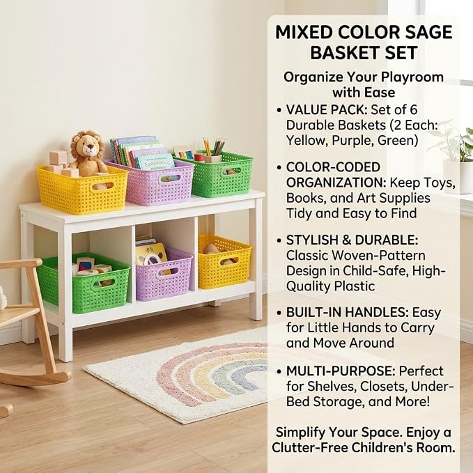 6-Pack Small Baskets, Plastic Open Storage Weave Basket Versatile Shelf Organizer Woven Baskets for Home and Pantries, Green/Purple/Yellow, 10x7.5x4 inch
