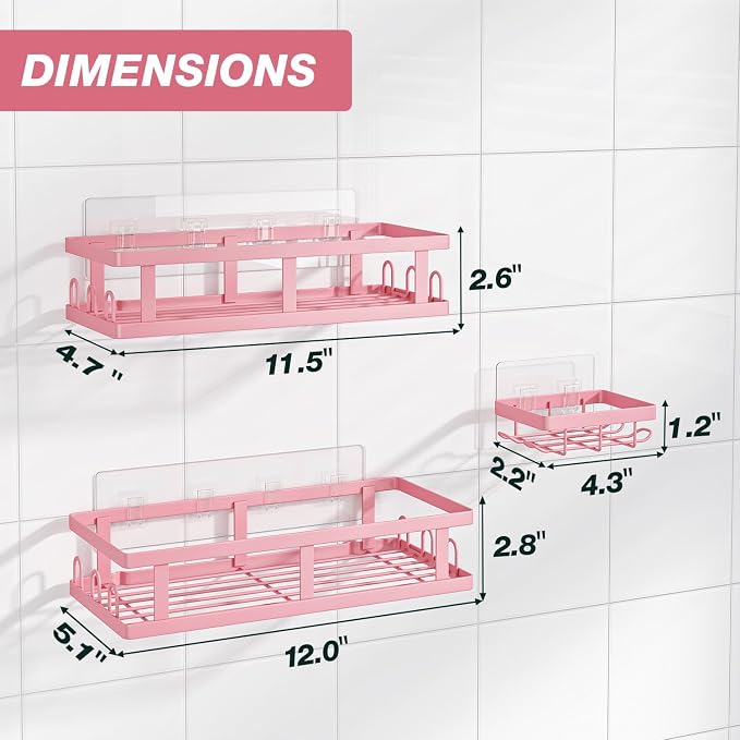Youvip Shower Caddy, Pink, Adhesive No Drill Bathroom Organizer | Large Capacity, Rustproof Shelves, For Inside Shower, Bathroom Organizers and Storage