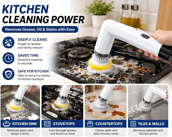Electric Spin Scrubber Cordless Cleaning Brush, USB Rechargeable Power Scrubber for Bathroom, Kitchen, Tile, Grout, Sink & Shower Cleaning, 4 Replaceable Brush Heads, Portable Handheld Cleaning Tool