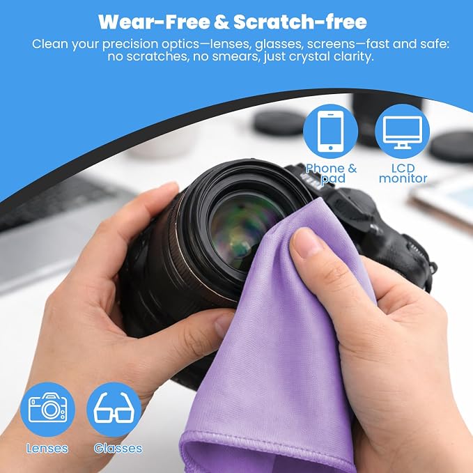 Puomue 12 Pack Microfiber Glass Cleaning Cloth, 10.8 Inch x 13.8 Inch, Lint Free Quickly Clean Windows, Mirrors, Glasses, Phone Screens, Camera Lenses, Purple