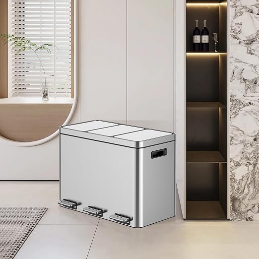 Garvee 12Gal 3-Compartment Kitchen Trash & Recycle Bin Stainless Steel | Fingerprint-Proof, Whisper-Quiet Soft-Close Lid, Removable Inner Buckets, for Kitchen & Office