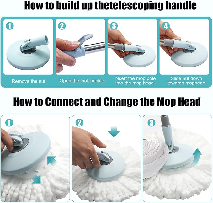 Spin Mop and Bucket with Wringer Set, 360° Spinning Mop Bucket System with 3 Microfiber Mop Replacement Heads, Adjustable Handle for Floor Cleaning (Light Blue)