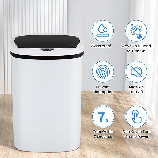 BLKMTY 13-Gallon Kitchen Trash Can, 50L Plastic Garbage Can, Automatic Touch Free Garbage Bin, Motion Sensor Trash Can with Lid, Tall Waste Bin for Home Office Bathroom Touchless, White